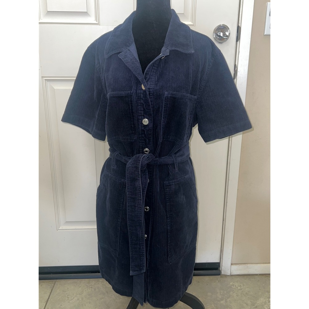 Topshop Navy Blue Corduroy Shirt Dress Short Sleeve Belted Mini Size US 12